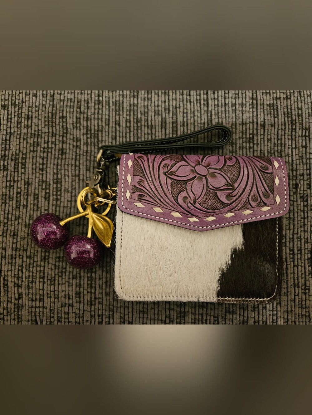 Purple Tooled Leather & Hair On Hide Wristlet Wallet